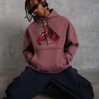 Erkek Kapüşonlu Cepli Box Eldiven Baskılı 3 İplik Sweatshirt Hoodie - Gül Kurusu