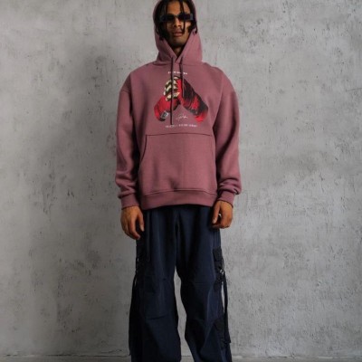 Erkek Kapüşonlu Cepli Box Eldiven Baskılı 3 İplik Sweatshirt Hoodie - Gül Kurusu