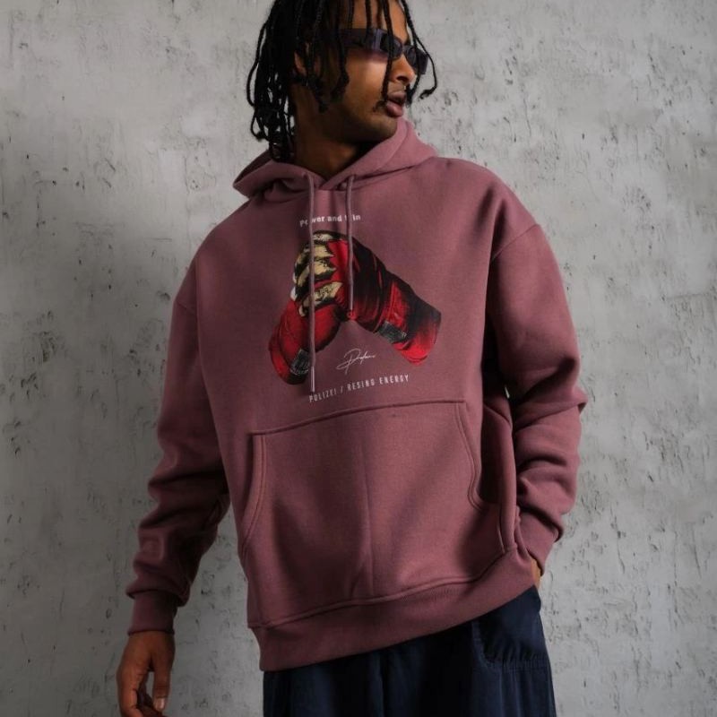 Erkek Kapüşonlu Cepli Box Eldiven Baskılı 3 İplik Sweatshirt Hoodie - Gül Kurusu