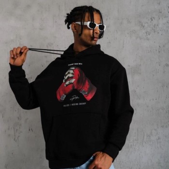 Erkek Kapüşonlu Cepli Box Eldiven Baskılı 3 İplik Sweatshirt Hoodie - Siyah