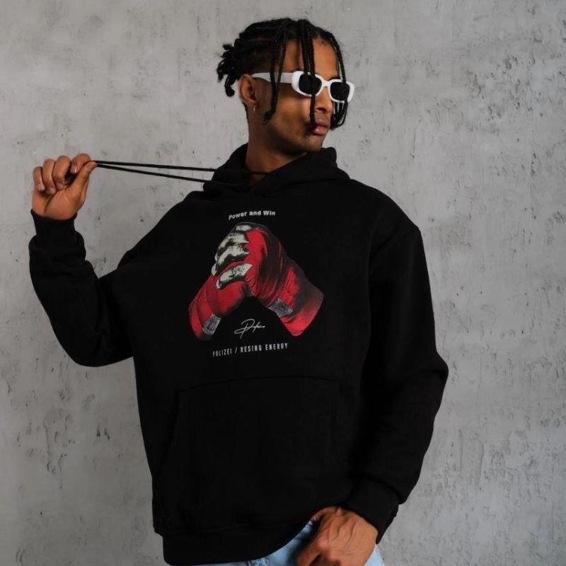 Erkek Kapüşonlu Cepli Box Eldiven Baskılı 3 İplik Sweatshirt Hoodie - Siyah