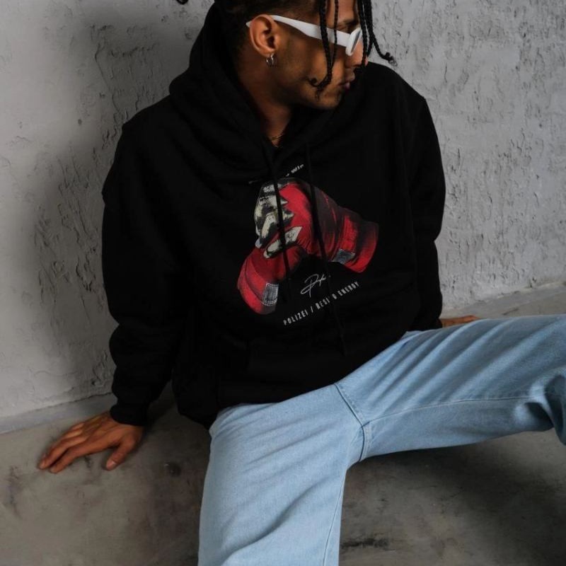 Erkek Kapüşonlu Cepli Box Eldiven Baskılı 3 İplik Sweatshirt Hoodie - Siyah