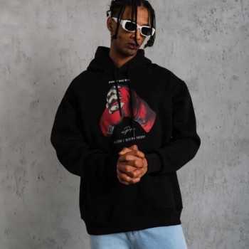 Erkek Kapüşonlu Cepli Box Eldiven Baskılı 3 İplik Sweatshirt Hoodie - Siyah