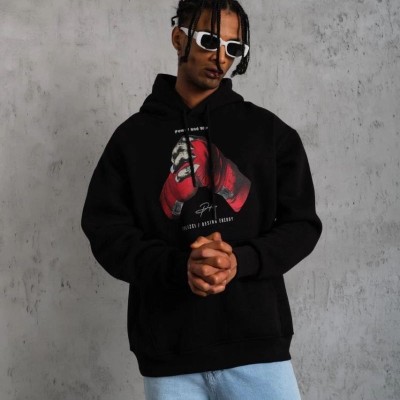 Erkek Kapüşonlu Cepli Box Eldiven Baskılı 3 İplik Sweatshirt Hoodie - Siyah