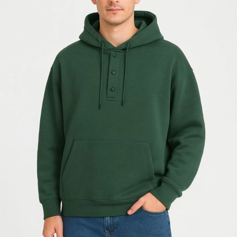 Erkek Kapüşonlu Hoodie Cepli Çıtçıtlı 3 İplik Pamuklu Sweatshirt - Haki