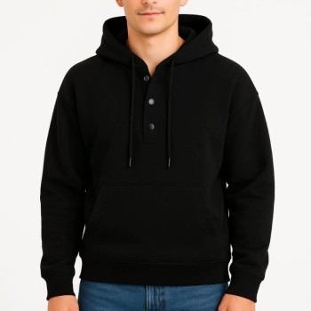 Erkek Kapüşonlu Hoodie Cepli Çıtçıtlı 3 İplik Pamuklu Sweatshirt - Siyah
