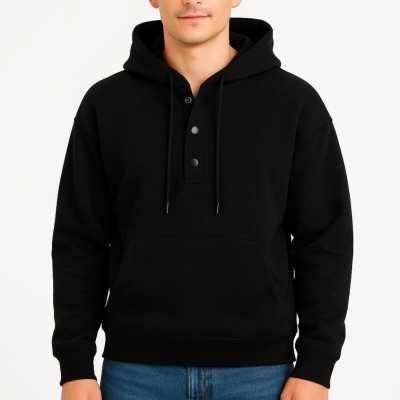 Erkek Kapüşonlu Hoodie Cepli Çıtçıtlı 3 İplik Pamuklu Sweatshirt - Siyah