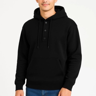 Erkek Kapüşonlu Hoodie Cepli Çıtçıtlı 3 İplik Pamuklu Sweatshirt - Siyah