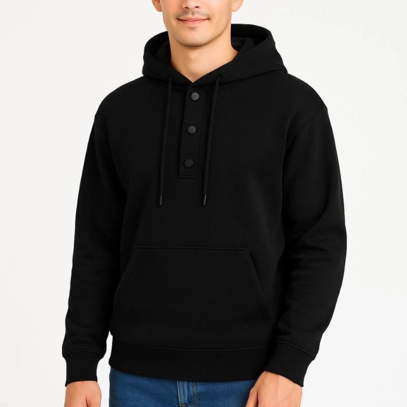 Erkek Kapüşonlu Hoodie Cepli Çıtçıtlı 3 İplik Pamuklu Sweatshirt - Siyah