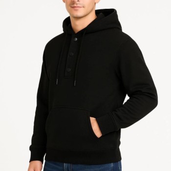 Erkek Kapüşonlu Hoodie Cepli Çıtçıtlı 3 İplik Pamuklu Sweatshirt - Siyah
