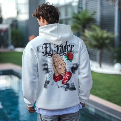 Erkek Kapüşonlu Kanguru Cepli Sweatshirt 3 İplik Pamuklu Baskılı Hoodie - Beyaz