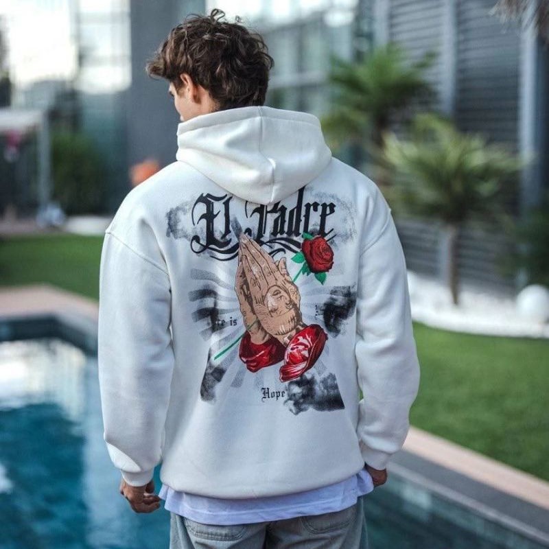 Erkek Kapüşonlu Kanguru Cepli Sweatshirt 3 İplik Pamuklu Baskılı Hoodie - Beyaz