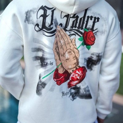 Erkek Kapüşonlu Kanguru Cepli Sweatshirt 3 İplik Pamuklu Baskılı Hoodie - Beyaz