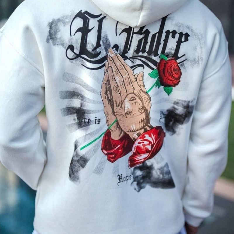 Erkek Kapüşonlu Kanguru Cepli Sweatshirt 3 İplik Pamuklu Baskılı Hoodie - Beyaz