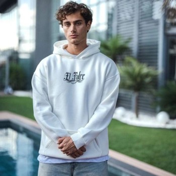 Erkek Kapüşonlu Kanguru Cepli Sweatshirt 3 İplik Pamuklu Baskılı Hoodie - Beyaz