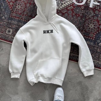 Erkek Kapüşonlu Kanguru Cepli Sweatshirt 3 İplik Pamuklu Baskılı Hoodie -  Beyaz