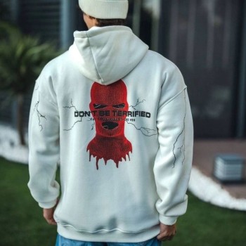 Erkek Kapüşonlu Kanguru Cepli Sweatshirt 3 İplik Pamuklu Baskılı Hoodie -  Beyaz