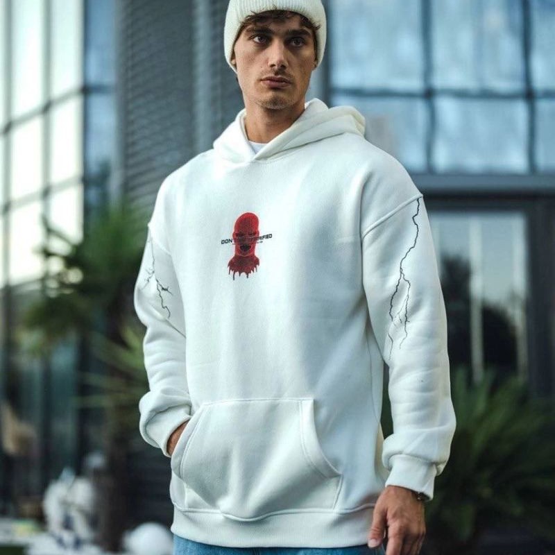 Erkek Kapüşonlu Kanguru Cepli Sweatshirt 3 İplik Pamuklu Baskılı Hoodie -  Beyaz