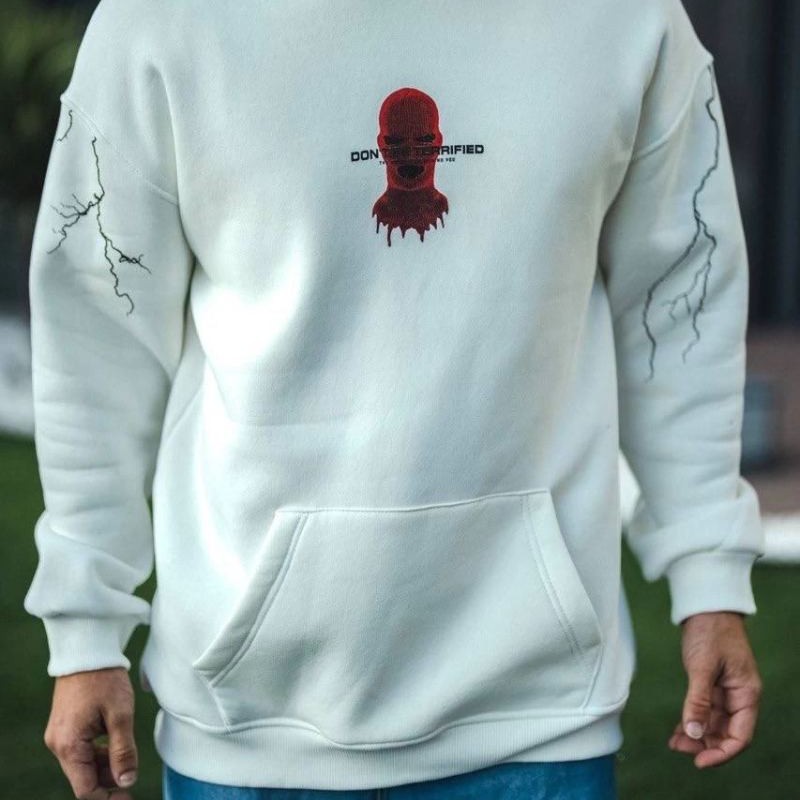 Erkek Kapüşonlu Kanguru Cepli Sweatshirt 3 İplik Pamuklu Baskılı Hoodie -  Beyaz