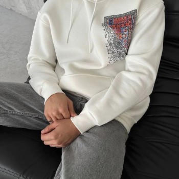 Erkek Kapüşonlu Kanguru Cepli Sweatshirt 3 İplik Pamuklu Baskılı Hoodie - Beyaz