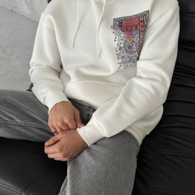 Erkek Kapüşonlu Kanguru Cepli Sweatshirt 3 İplik Pamuklu Baskılı Hoodie - Beyaz