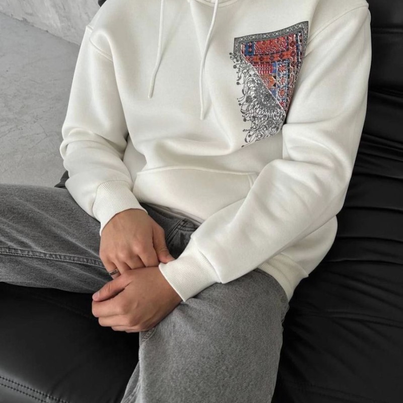 Erkek Kapüşonlu Kanguru Cepli Sweatshirt 3 İplik Pamuklu Baskılı Hoodie - Beyaz