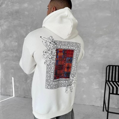 Erkek Kapüşonlu Kanguru Cepli Sweatshirt 3 İplik Pamuklu Baskılı Hoodie - Beyaz
