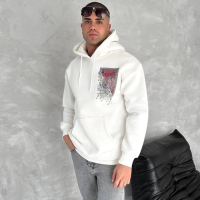 Erkek Kapüşonlu Kanguru Cepli Sweatshirt 3 İplik Pamuklu Baskılı Hoodie - Beyaz