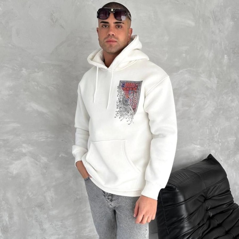 Erkek Kapüşonlu Kanguru Cepli Sweatshirt 3 İplik Pamuklu Baskılı Hoodie - Beyaz