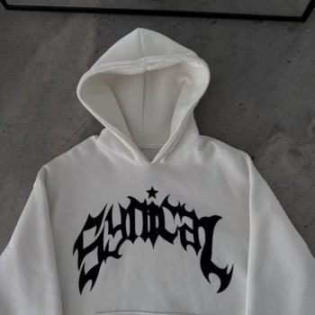 Erkek Kapüşonlu Kanguru Cepli Sweatshirt 3 İplik Pamuklu Baskılı Hoodie - Beyaz