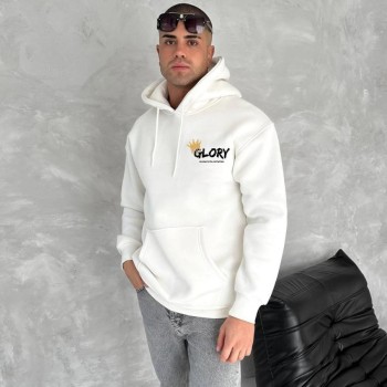 Erkek Kapüşonlu Kanguru Cepli Sweatshirt 3 İplik Pamuklu Baskılı Hoodie - Beyaz