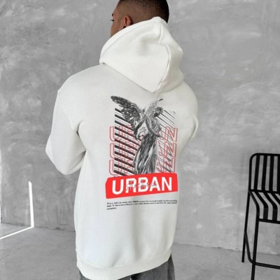 Erkek Kapüşonlu Kanguru Cepli Sweatshirt 3 İplik Pamuklu Baskılı Hoodie - Beyaz