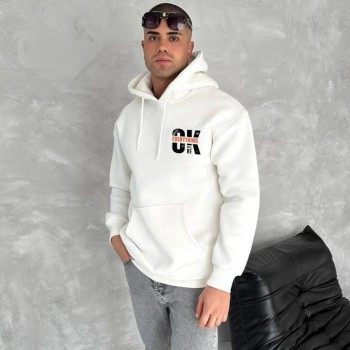 Erkek Kapüşonlu Kanguru Cepli Sweatshirt 3 İplik Pamuklu Baskılı Hoodie - Beyaz