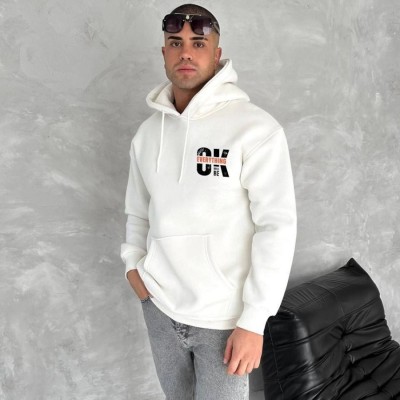 Erkek Kapüşonlu Kanguru Cepli Sweatshirt 3 İplik Pamuklu Baskılı Hoodie - Beyaz