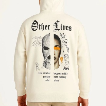 Erkek Kapüşonlu Kanguru Cepli Sweatshirt 3 İplik Pamuklu Baskılı Hoodie - Beyaz