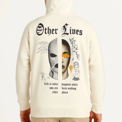 Erkek Kapüşonlu Kanguru Cepli Sweatshirt 3 İplik Pamuklu Baskılı Hoodie - Beyaz