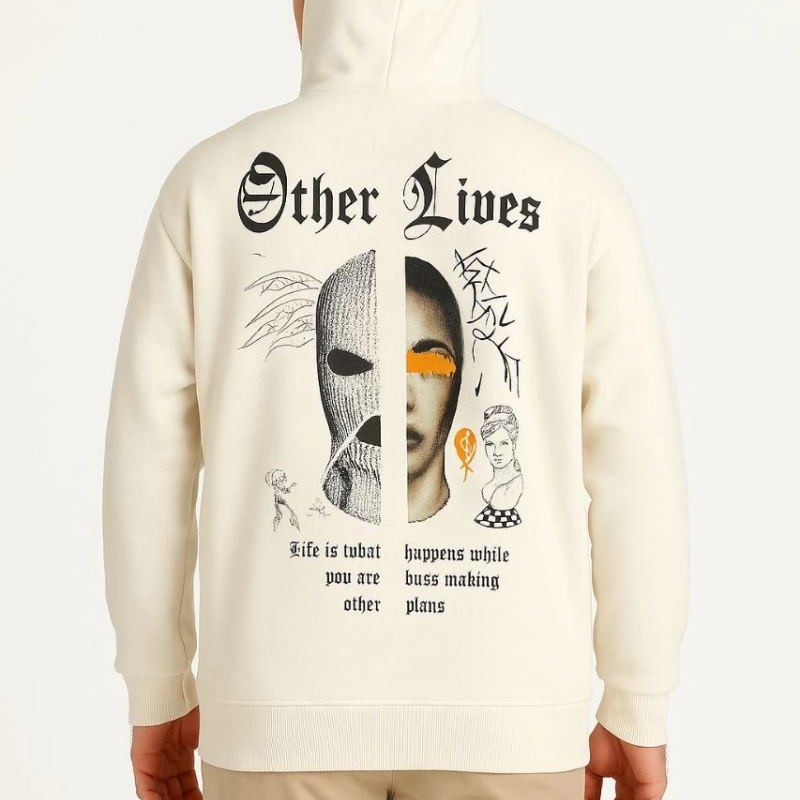 Erkek Kapüşonlu Kanguru Cepli Sweatshirt 3 İplik Pamuklu Baskılı Hoodie - Beyaz