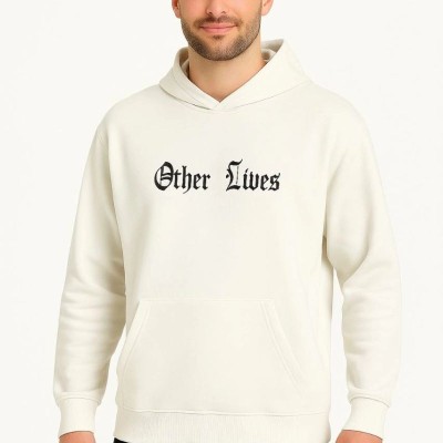 Erkek Kapüşonlu Kanguru Cepli Sweatshirt 3 İplik Pamuklu Baskılı Hoodie - Beyaz