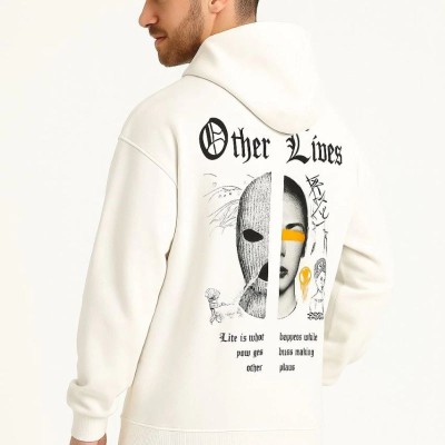 Erkek Kapüşonlu Kanguru Cepli Sweatshirt 3 İplik Pamuklu Baskılı Hoodie - Beyaz