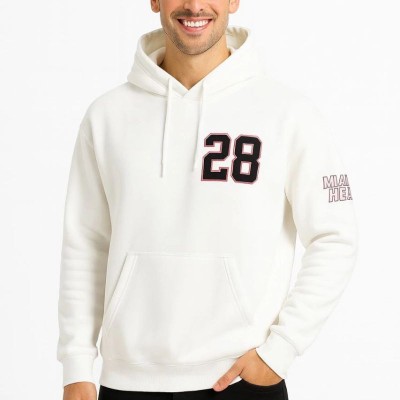 Erkek Kapüşonlu Kanguru Cepli Sweatshirt 3 İplik Pamuklu Baskılı Hoodie - Beyaz
