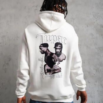 Erkek Kapüşonlu Kanguru Cepli Sweatshirt 3 İplik Pamuklu Baskılı Hoodie - Beyaz