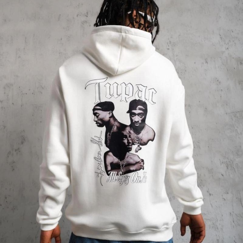 Erkek Kapüşonlu Kanguru Cepli Sweatshirt 3 İplik Pamuklu Baskılı Hoodie - Beyaz
