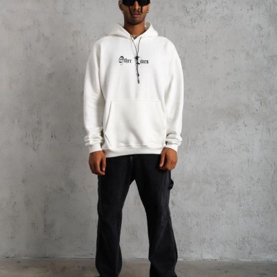 Erkek Kapüşonlu Kanguru Cepli Sweatshirt 3 İplik Pamuklu Baskılı Hoodie - Beyaz