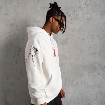 Erkek Kapüşonlu Kanguru Cepli Sweatshirt 3 İplik Pamuklu Baskılı Hoodie -  Beyaz