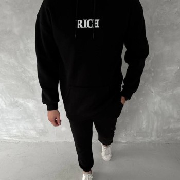 Erkek Kapüşonlu Kanguru Cepli Sweatshirt 3 İplik Pamuklu Baskılı Hoodie -  Siyah