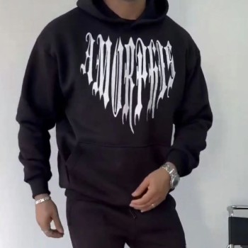 Erkek Kapüşonlu Kanguru Cepli Sweatshirt 3 İplik Pamuklu Baskılı Hoodie -  Siyah