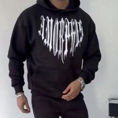Erkek Kapüşonlu Kanguru Cepli Sweatshirt 3 İplik Pamuklu Baskılı Hoodie -  Siyah