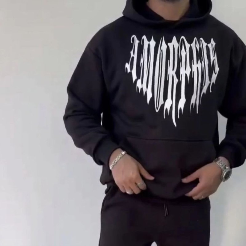 Erkek Kapüşonlu Kanguru Cepli Sweatshirt 3 İplik Pamuklu Baskılı Hoodie -  Siyah