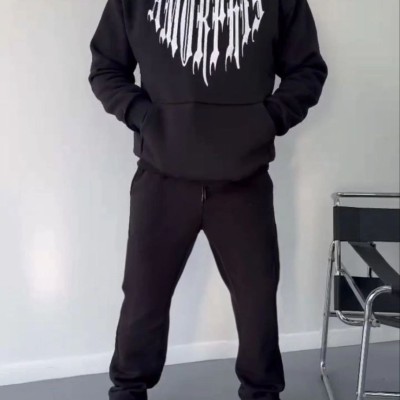 Erkek Kapüşonlu Kanguru Cepli Sweatshirt 3 İplik Pamuklu Baskılı Hoodie -  Siyah