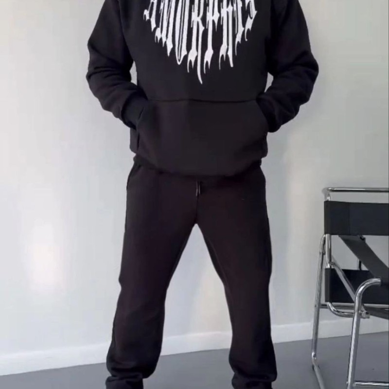 Erkek Kapüşonlu Kanguru Cepli Sweatshirt 3 İplik Pamuklu Baskılı Hoodie -  Siyah